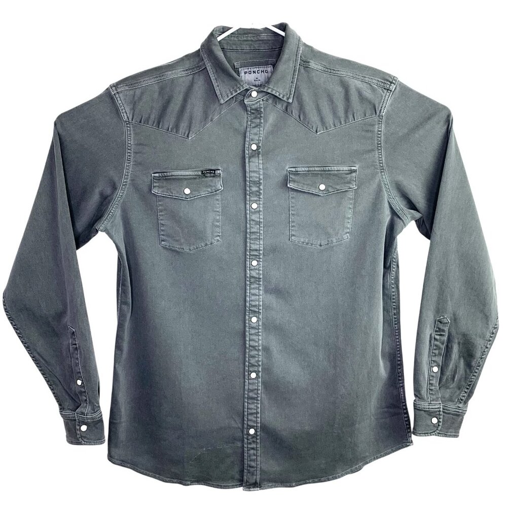 Poncho Shirt Mens Pearl Snap Denim Western Long Sleeve Slim Fit Gray XL